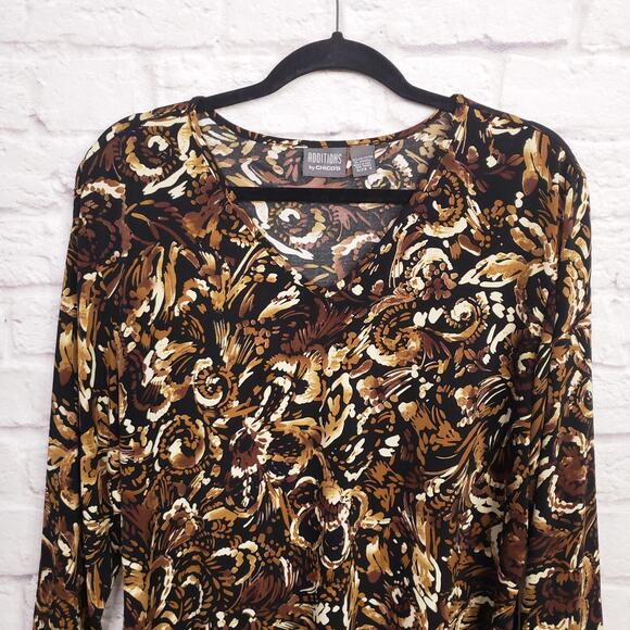 Chico's Additions Sz 3 Black Brown Artsy Printed Top 3/4 Sleeves Chicos XL 16 - Picture 2 of 12